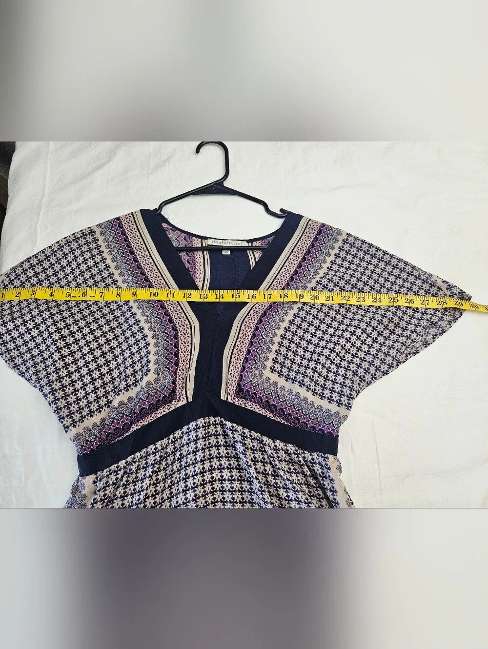 100 % Silk Daniel Rainn Navy, Cream and Purple V-Neck Patterned Tunic